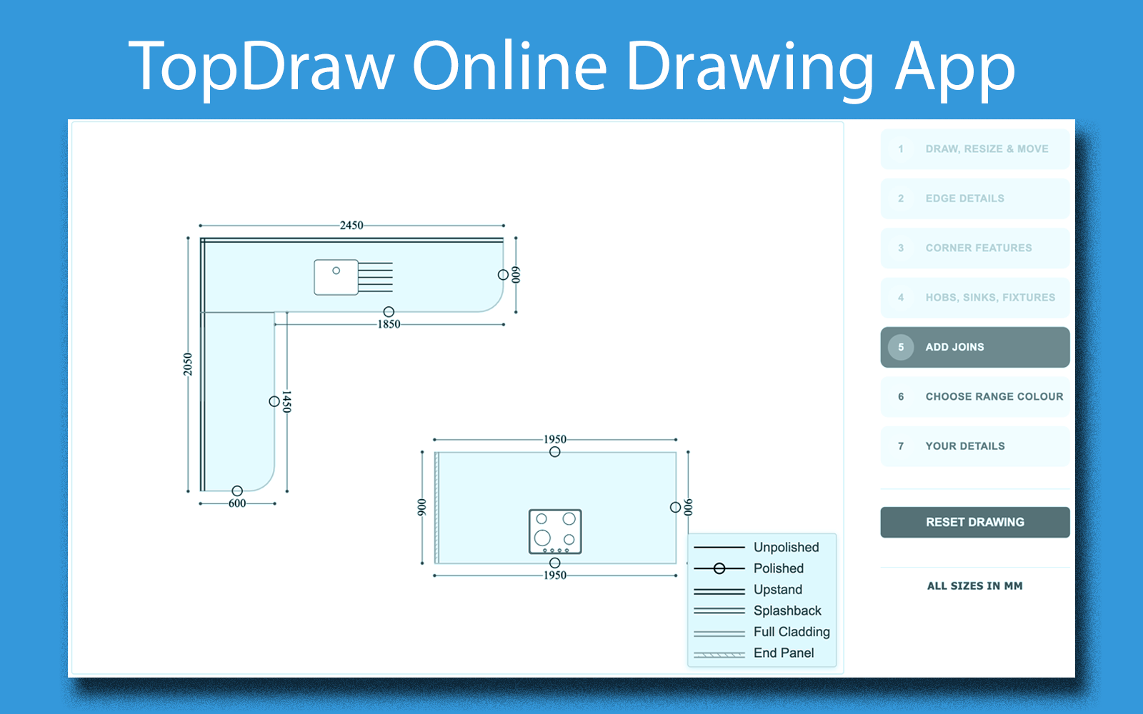 TopDraw worktop drawing web app interface